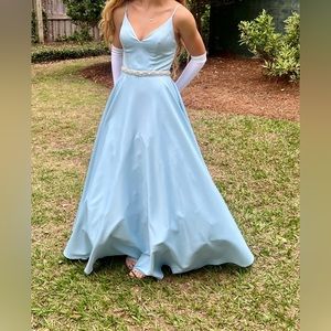 Mac Duggal Classic A-Line V-Neck Crepe Ball Gown with Pockets- Powder Blue